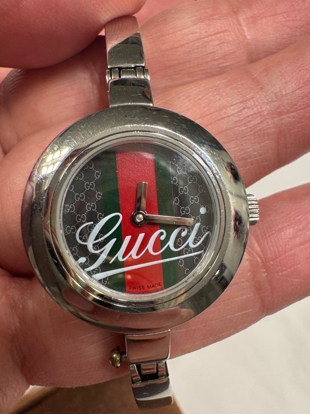 Authentic Gucci Silver Bangle Watch with Green and Red Stripe Dial - Picture 7 of 14
